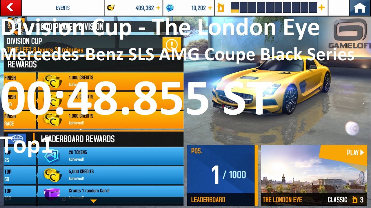 Asphalt 8 – Division Cup | The London Eye | Mercedes-Benz SLS AMG Coupe Black Series 00:48.855 ST