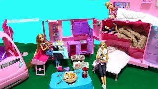 Pink Camper Camper Camping Fire Barbie Doll and Barbecue