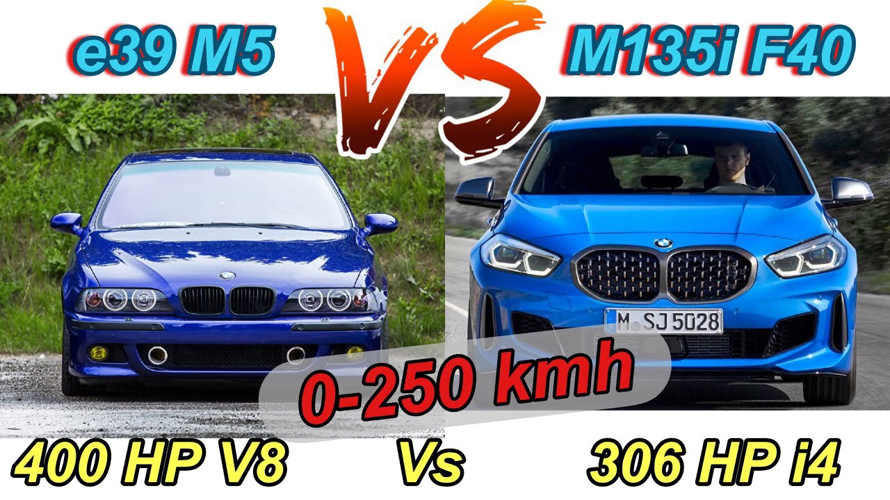 BMW M5 vs M135i | 400 HP 5.0 V8 vs 306 HP 2.0 i4 | 0-100 + 0-250 km/h