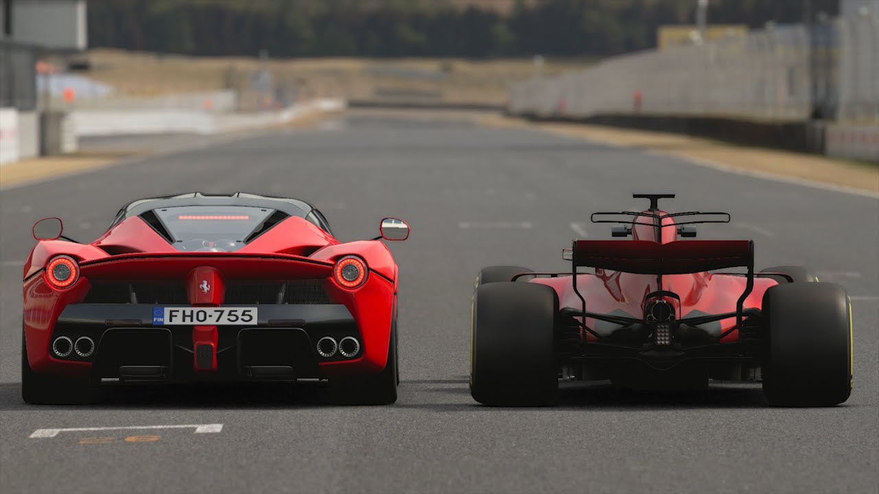 Ferrari LaFerrari vs Ferrari F1 SF-70H at the F1 SPA Francorchamps Circuit (GT SPORT)