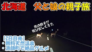 【父と娘のキャンピングカーで北海道ふたり旅】北海道・2日目の夜　無料天然温泉・漁師町で漁師飯　野生のキタキツネや鹿に出会った‼
