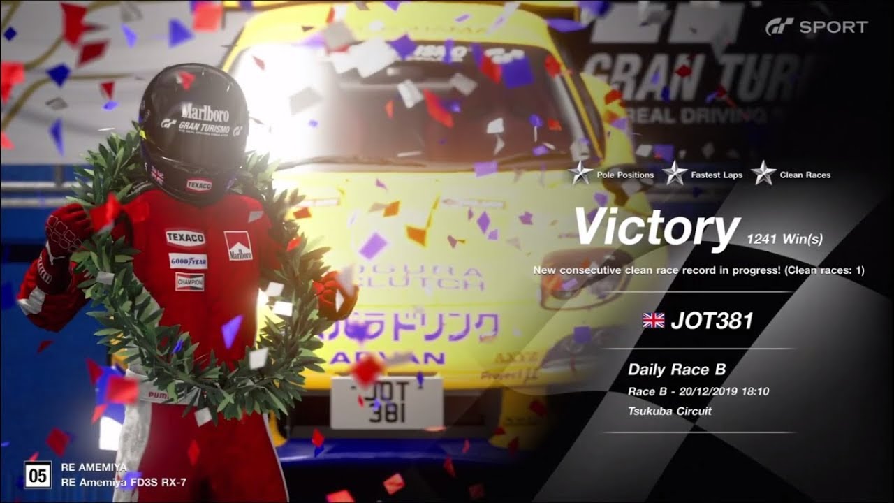 JOT381 GRAN TURISMO SPORT 201219 TSUKUBA MAZDA RX-7 1st to 1st FASTEST LAP 7 LAPS 1241st WIN