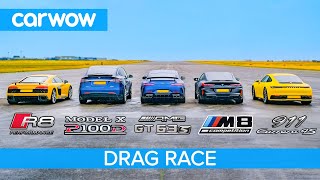 BMW M8 v Audi R8 v AMG GT 4dr v 911 vs Tesla Model X: DRAG RACE