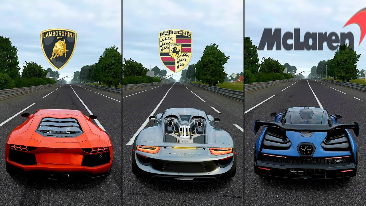 Fmotorsport 7 Drag Race: Porsche 918 Spider Vs Mclaren Senna Vs Lamborghini Aventador (Stock)