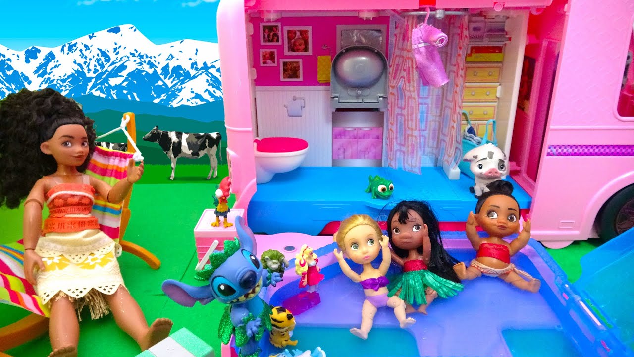 バービー キャンピングカー 組み立て すべり台プール遊び ディズニープリンセス モアナとラプンツェルびっくらたまご⭐ Barbie おもちゃ 人形 アニメ