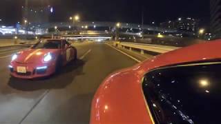 真っ赤なポルシェGT3が首都高を快走。Porsche991 GT3 strikes Tokyo Highway.