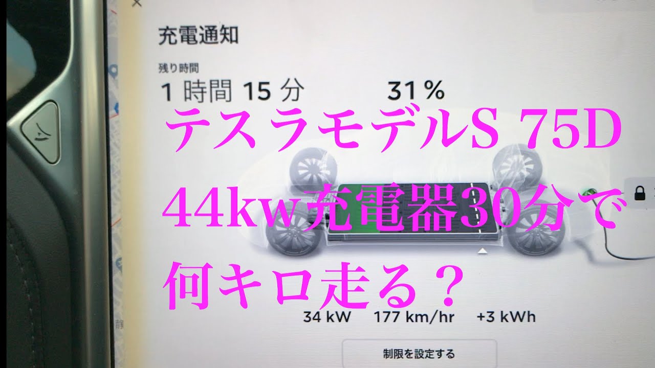 テスラモデルS　充電中のバッテリーの状況　７５kWバッテリーを日産の44KW充電器30分で何キロ走れる？