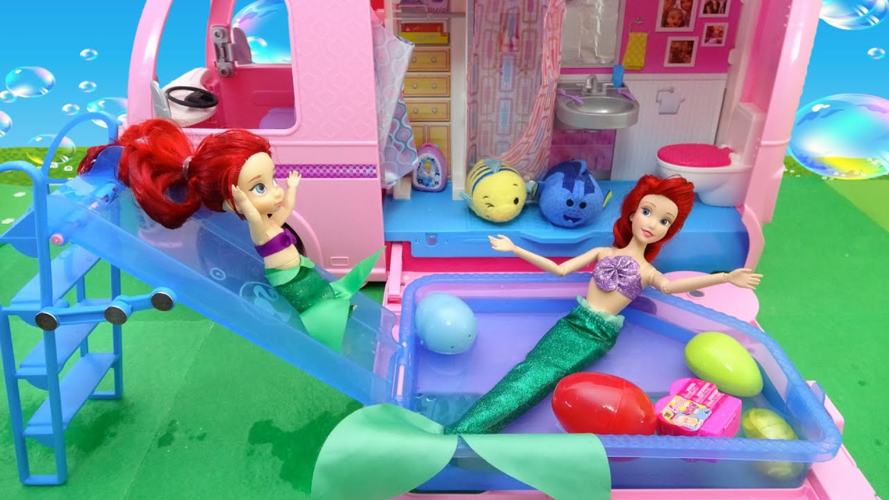 バービー キャンピングカー 組み立て すべり台プール遊び ディズニープリンセス マーメイド アリエル 人魚 びっくらたまご⭐ Barbie Mermaid おもちゃ 人形 アニメ