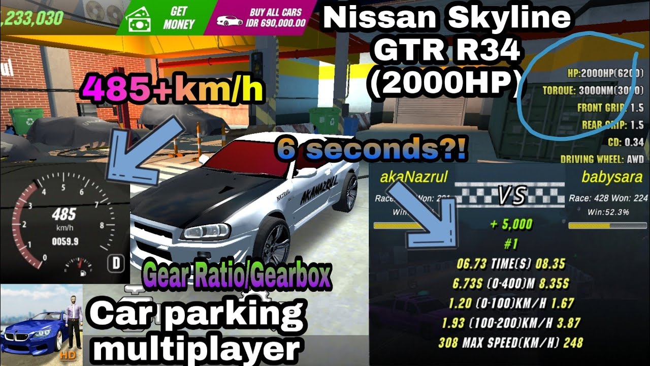 NISSAN SKYLINE GTR R34 GEAR RATIO/GEARBOX (2000HP) | 6 SECONDS | CAR PARKING MULTIPLAYER | MALAYSIA
