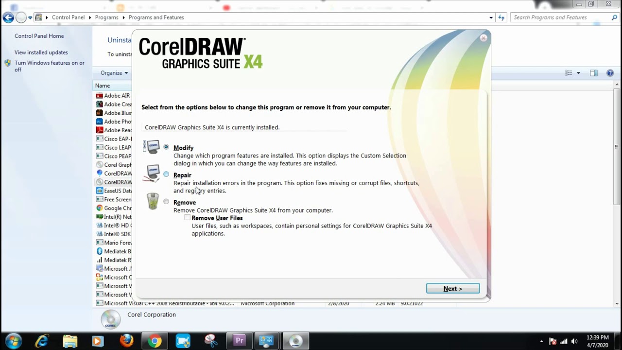 how to uninstall corel draw x4