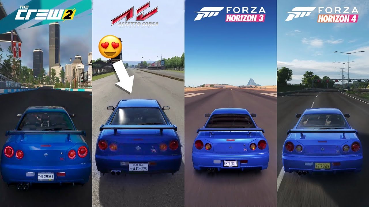 Nissan GTR R34 – Forza Horizon 4 vs Forza Horizon 3 vs Crew 2 vs Assetto Corsa