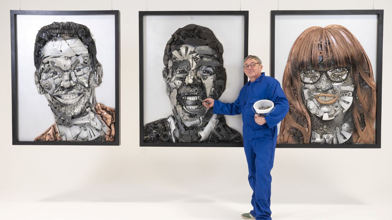 Portraits of Joe Swash, Chris Kamara and Angela Barnes made – from scrapped car parts