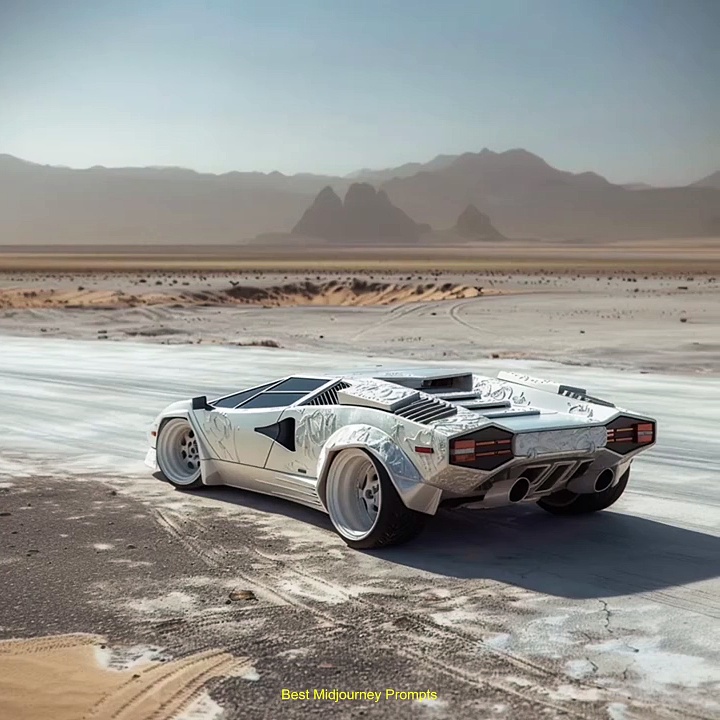 Envision a Lamborghini Countach on track,Midjourney prompts